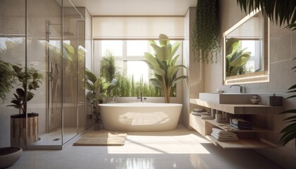 White bathroom interior design with green plant. 