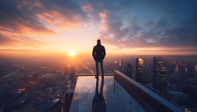 businessman on top of skyscraper and view cityscape at sunset, made with Generative AI