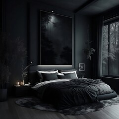 modern interior of a bedroom with a bed with black theme