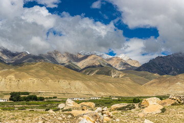 Desert Mountainous Landscape of Chosar Valley in Lo Manthang, Upper Mustang of Nepal