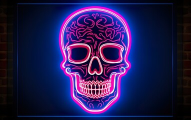 Neon skull glowing on brick wall background