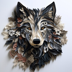 paper art craft of wolf head with flowers and nature elements . generative ai