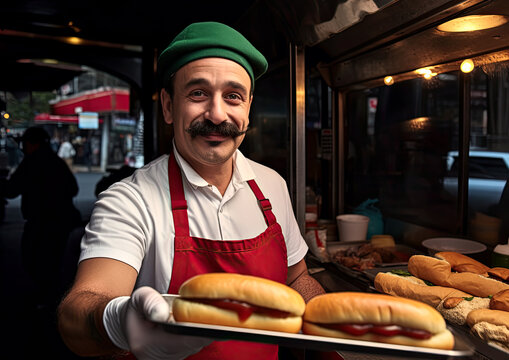 male man street vendor offering hot dog sandwich for sale