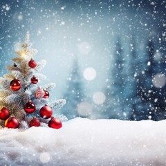 Naklejka na ściany i meble Beautiful Festive Christmas snowy background. Christmas tree decorated with red balls and knitted toys in the forest in snowdrifts in snowfall outdoors, banner format, copy space.