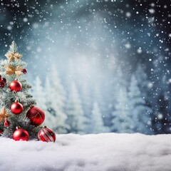 Fototapeta na wymiar Beautiful Festive Christmas snowy background. Christmas tree decorated with red balls and knitted toys in the forest in snowdrifts in snowfall outdoors, banner format, copy space.