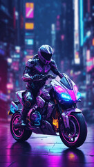 MOTORBIKE cyberpunk MOTORCYCLE ON THE ROAD road to the mountain neons Side view of motorbike