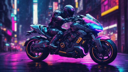 MOTORBIKE cyberpunk MOTORCYCLE ON THE ROAD road to the mountain neons Side view of motorbike