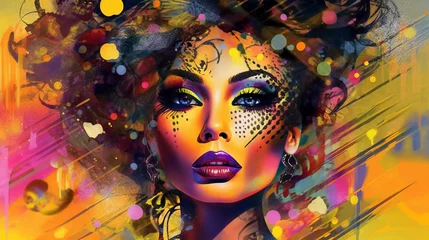 Digital collage art with vibrant and energetic portrait of a woman with amazing makeup, Generative AI © PaputekWallArt