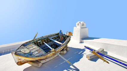 Santorini old wooden rowing boat decoration on blue sky background.