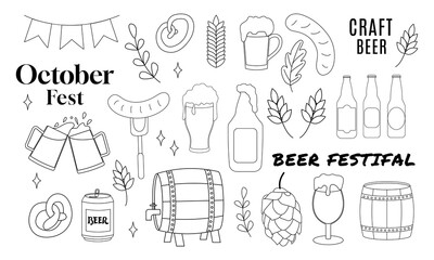 Beer Set hand-drawn Outline Doodles Vector Illustration with lettering - obrazy, fototapety, plakaty