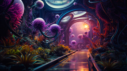 colorful magical corridor with abstract floral vegetation  generative ai