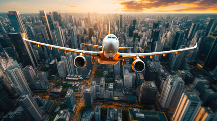 passenger plane flying over the metropolis city generative ai