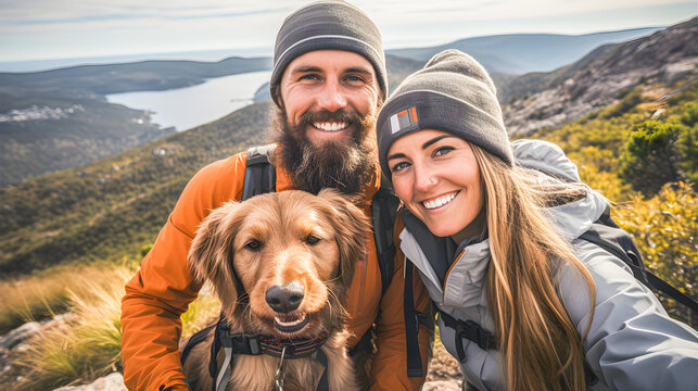 Pareja de excursionistas con su perro sonriendo y tomándose un selfie en la montaña. Excursión en pareja por la naturaleza