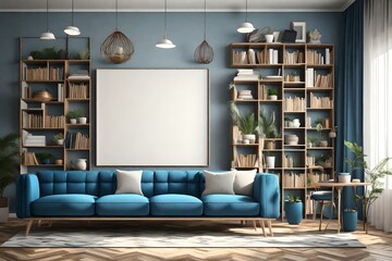 Interior of modern living room with blue sofa, bookshelf and shelves, 3d illustration