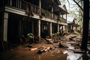 abandoned and flooded houses after the tsunami flood generative ai