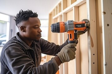 A worker using a power electric screwdriver drill tool. AI