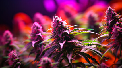 colorful cannabis buds under purple led light generative ai - obrazy, fototapety, plakaty