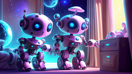 Fototapeta premium Two cute little robots in a ship
