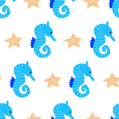 Seamless pattern with sea horses and starfish. Marine vector flat background