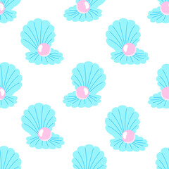 Cute seamless pattern with pearl shells. Vector flat mermaid background