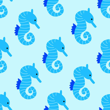 Seamless pattern with sea horses. Marine vector flat background