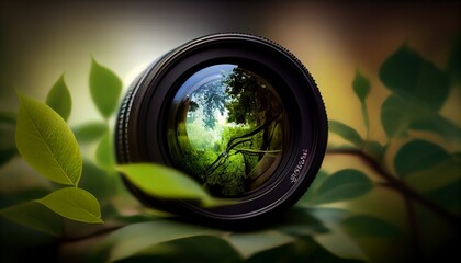 Camera lens with nature reflection on natural park background. Generative AI illustration