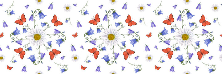 Watercolor seamless border of Harebells Daisy, and Bright Butterflies. Illustration isolated on transparent background. For greeting design, invitation template, prints, fabric, textile, wrapping.