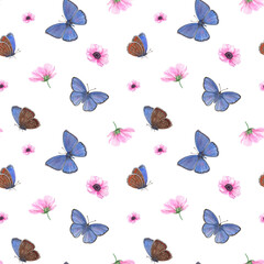 Flying Blue Butterflies and Pink Blooming Anemone. Scarce Copper Butterfly, Spring Flower. Illustration isolated on transparent background. Watercolor seamless pattern. For textile, scrapbook, wrap.