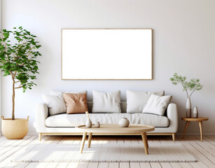 Frames mockup, beige couch and frames mockup, living room photo mockup, picture frame template AI Generated