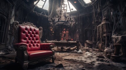 a massive expensive armchair, a throne, stands in the middle of an abandoned and ruined interior, ai tools generated image