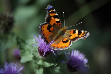 Illustration of an orange and black butterfly perched on a vibrant purple flower, created using generative AI