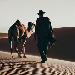 Man walking with a camel in the desert.