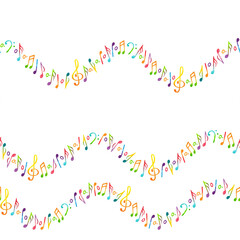 Seamless pattern in the form of a wave of watercolor isolated illustrations of notes, treble clef, bass clef in rainbow colors 