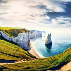 Picturesque panoramic landscape on the cliffs of Etretat. - obrazy, fototapety, plakaty