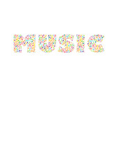 The word "Music" composed of watercolor isolated illustrations of music notes, treble clef and bass clef done in rainbow colors. Print "music is my only drug".