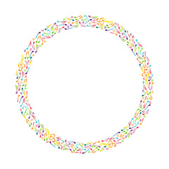 A wreath of watercolor isolated illustrations of notes, a treble clef, a bass clef made in rainbow colors