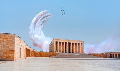 Mausoleum of Ataturk - Air Force aerobatic team performing demonstration flight over mausoleum of Anitkabir - Ankara Turkey - obrazy, fototapety, plakaty