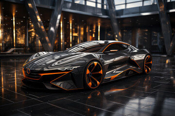 Futuristic concept car in garage on dark background, expensive exclusive sports auto © staras