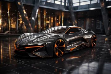 Futuristic concept car in garage on dark background, expensive exclusive sports auto © staras