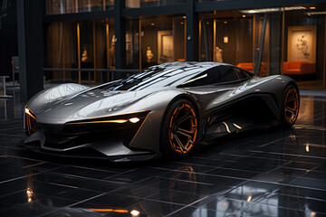 Futuristic concept car in garage on dark background, expensive exclusive sports auto © staras