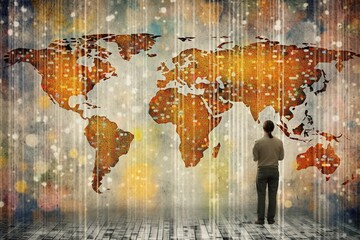 A man stands in front of a map of the world, a stream of information from all over the world. Generation  AI
