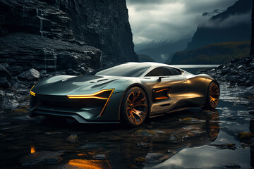 Futuristic concept car outdoors on the background of mountains, expensive exclusive sports auto, AI Generated © staras