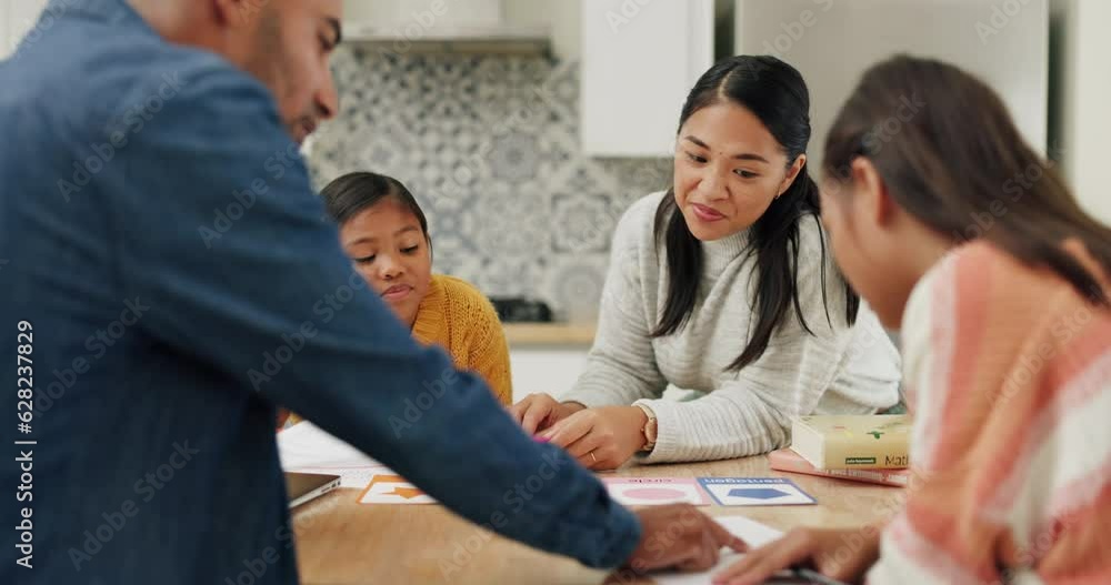 Poster Family, education and student homework with parents and children at home with knowledge development. School project, support and care with studying with kids, mom and dad in house with learning