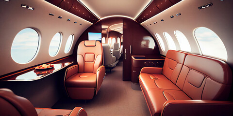 The passenger cabin of a luxury business jet. Generative AI