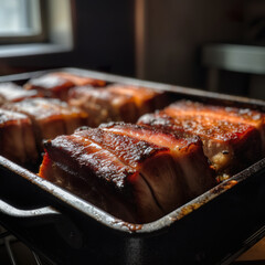 Juicy pork belly baked right out of the oven. Massive pork meat grilled in an iron skillet. Closeup of roasted pork meat to be served. Realistic 3D illustration. Generative AI