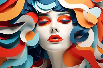 Poster Im Rahmen Beauty, fine art, fashion concept. Abstract modern art collage of woman portrait made of various and colorful geometric shapes. Generative AI © Rytis