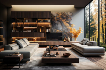 Modern style living room with large window and luxury furniture