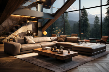 Modern style living room with large window and luxury furniture