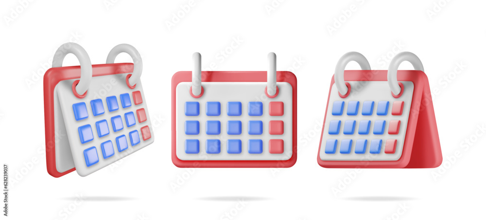 Poster 3d set of paper spiral wall calendar in different angles. render collection of calendar icon. schedu