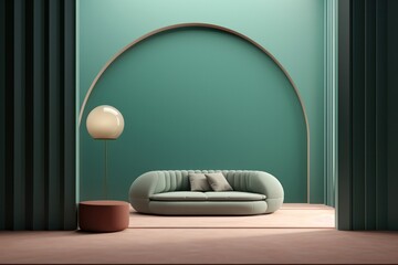 Conceptual 3d render of a living room, lounge, minimalist style, concept with calm colors and round architecture. - 628239006